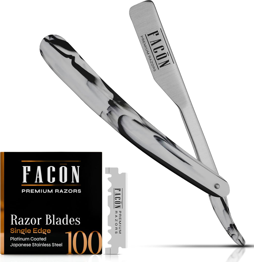 Facón Straight Razors for Men - Professional Barber Straight Edge Razor Kit with 100 Blades, Classic Stainless Steel Barbero Shaver for a Smooth & Precise Shave, Premium Barber Razor for Men's Shaving