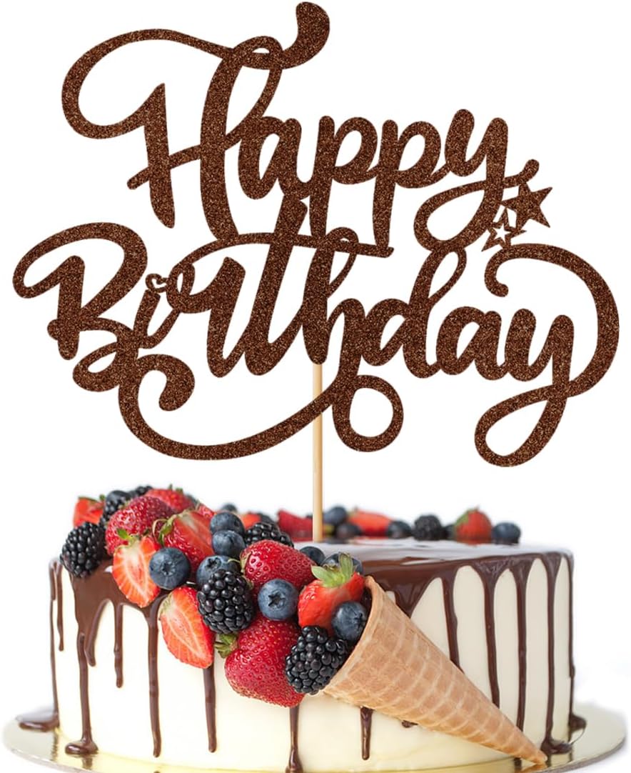 Happy Birthday Cake Topper,Brown Glitter Birthday Sign Cake Decorations，Anniversary Party/Bday Party Decoration Supplies(Brown Glitter)