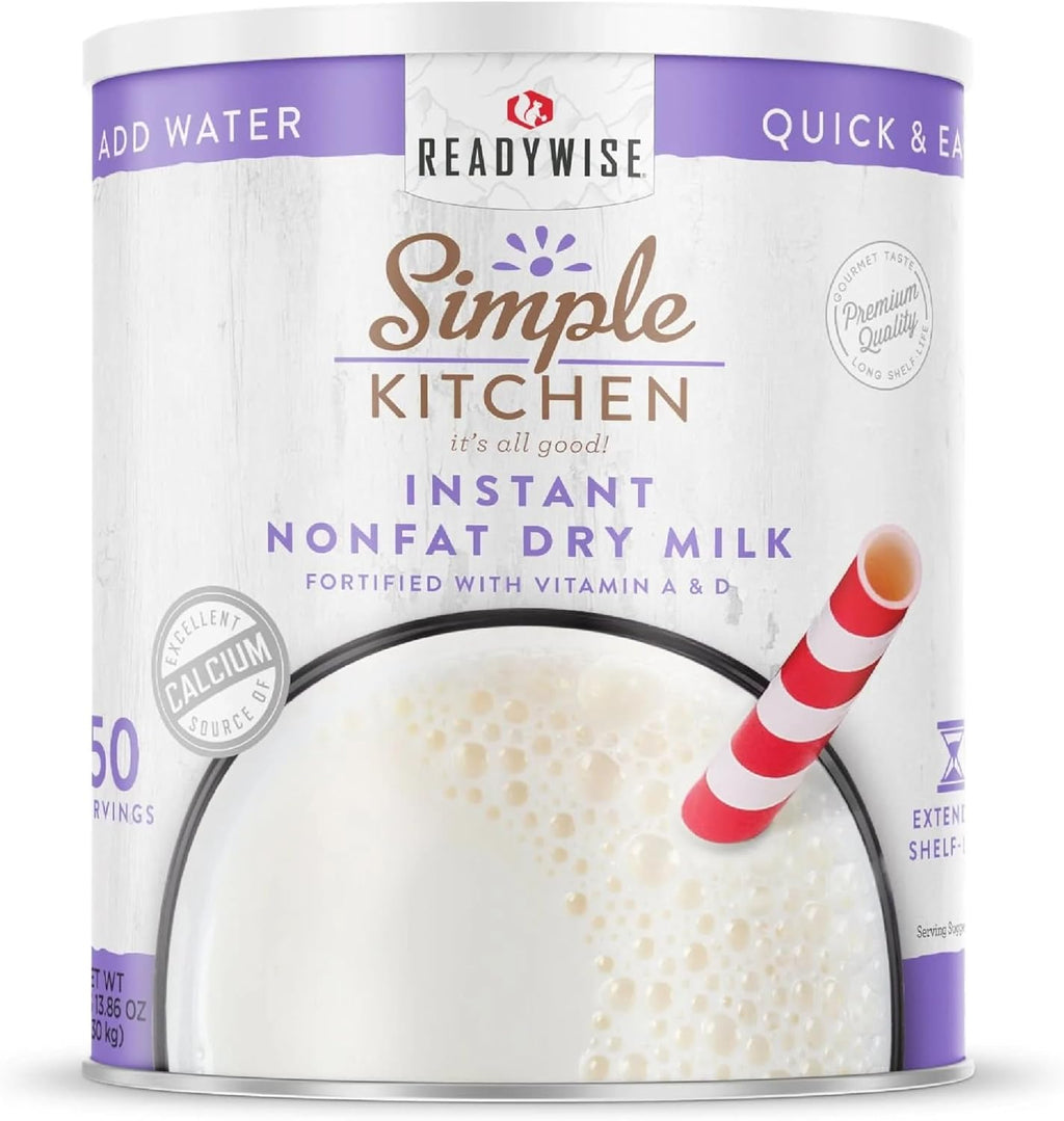 Simple Kitchen Instant Nonfat Dry Milk Powder - 50 Servings #10 Can, Non Fat Powdered Milk Bulk, Dried & Vitamin D Fortified, Daily Use & Emergency Food Long Term Storage, up to 25 Year Shelf Life