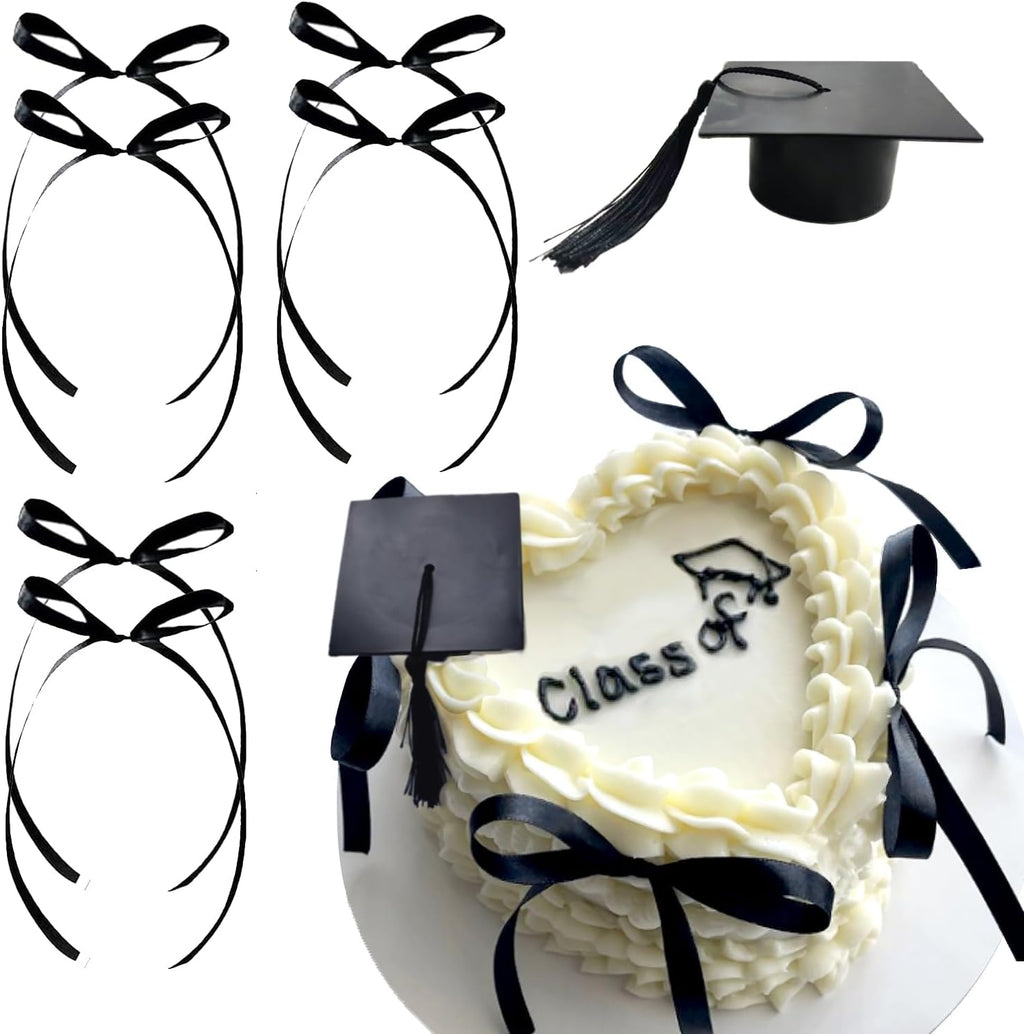 Class of Cake Topper Congrats Bow Birthday Decoration with Graduation cap Bows for Graduation Bow for Congrats Themed Party (Black)