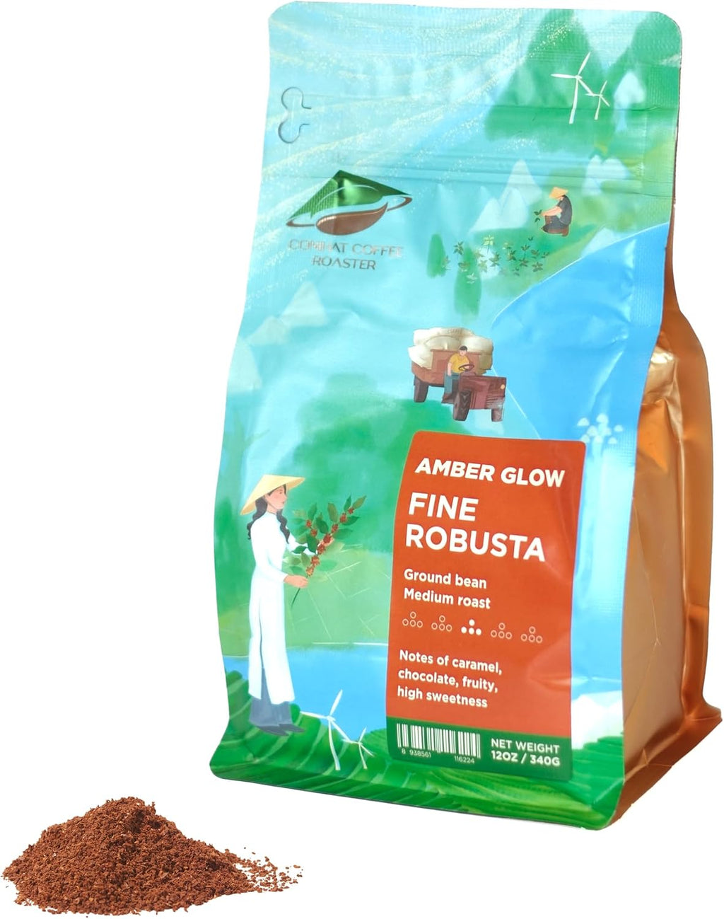 Conihat Ground Coffee - 100% Vietnamese Premium Fine Robusta, Medium Roast, Chocolate & Woody Notes, Long Aftertaste, Low Acid, Single Origin, Hand-Picked, 12 Oz Bag