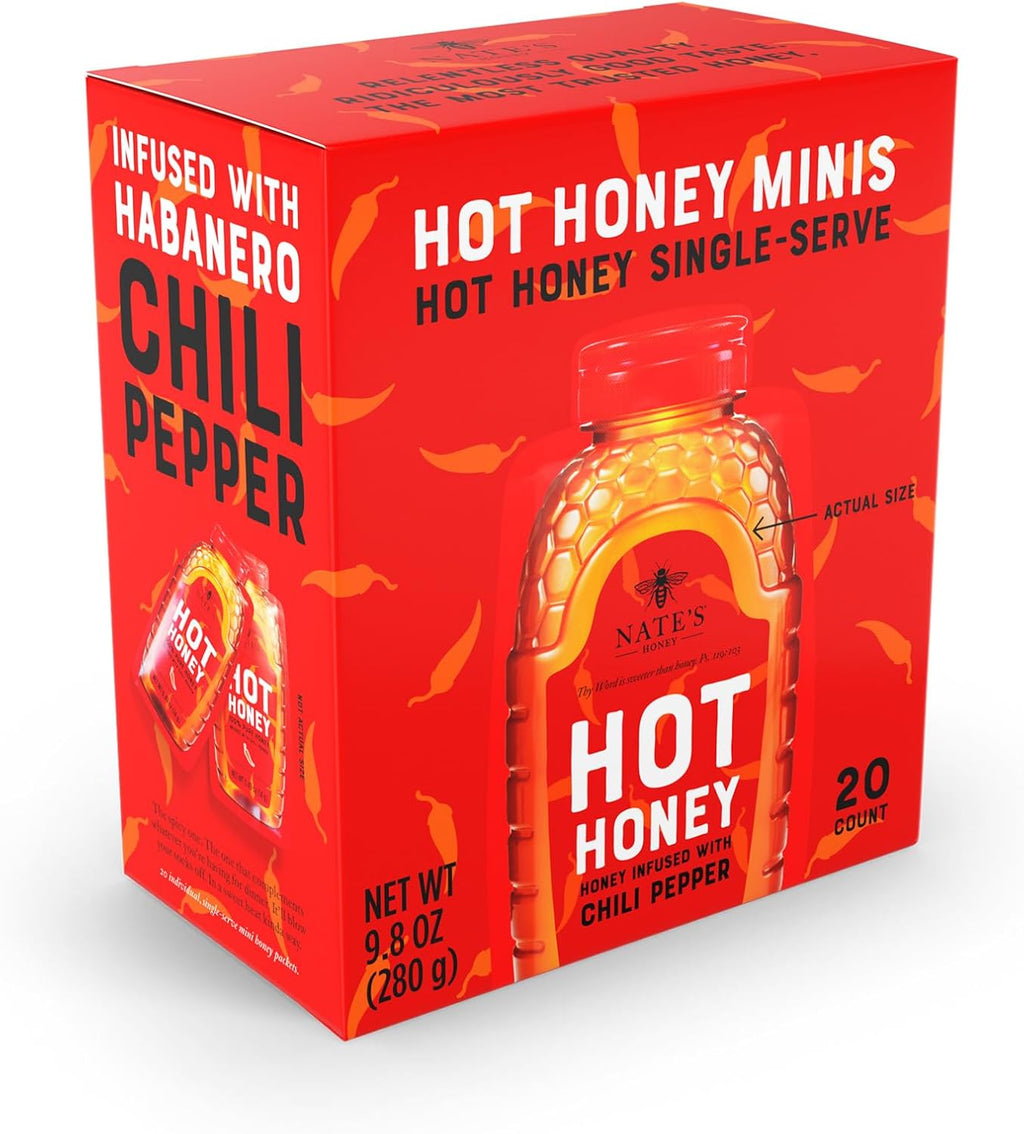 Nate's Hot Honey Minis - Single-Serve Hot Honey - 0.49oz Packets, 20ct box