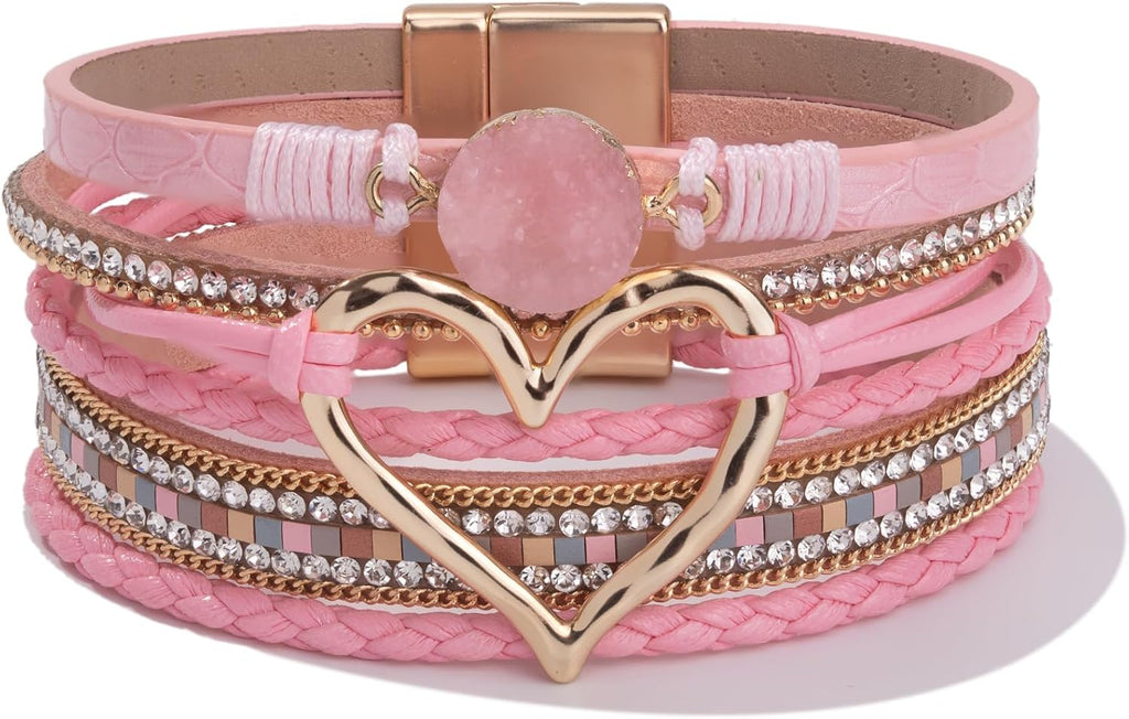 FANCY SHINY Mothers Day Gifts Heart Leather Wrap Bracelets Stackable Boho Cuff Bangles Trendy Resin Stone Rhinestone Bracelets with Magnetic Clasp for Women Valentine Gifts