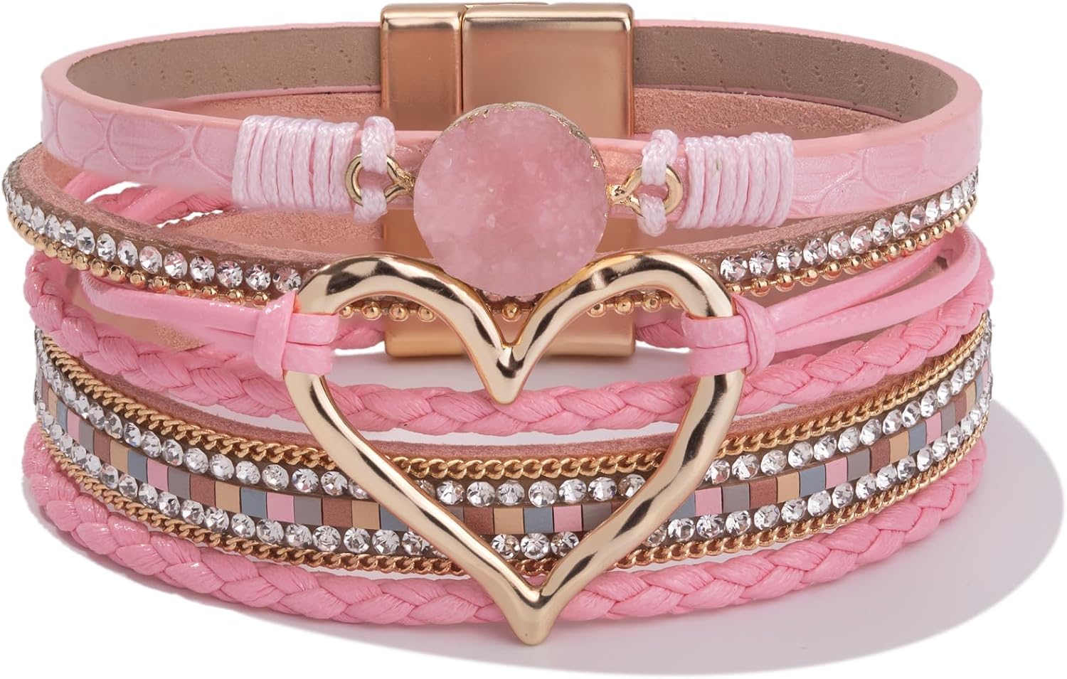 FANCY SHINY Mothers Day Gifts Heart Leather Wrap Bracelets Stackable Boho Cuff Bangles Trendy Resin Stone Rhinestone Bracelets with Magnetic Clasp for Women Valentine Gifts