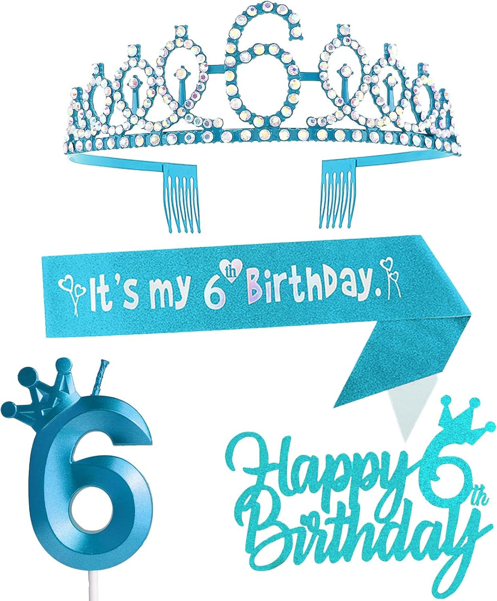 6th Birthday Decorations for Girl - Blue Party Supplies Including Crown, Sash, Cake Toppers, Number 6 Candles