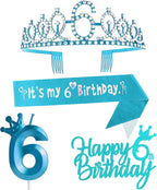 6th Birthday Decorations for Girl - Blue Party Supplies Including Crown, Sash, Cake Toppers, Number 6 Candles