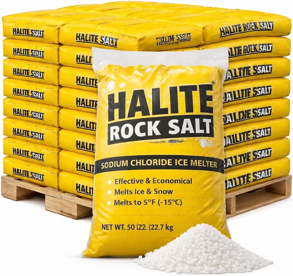 Bulk Ice Melt- Sodium Chloride Rock Salt Pallet of Ice Melt- 50 lb Bag- Melts to 5°F - Halite Commercial Grade Ice & Snow Melt in Bulk [Pallet of 49 Bags] 50 lbs Each! Easy to apply~