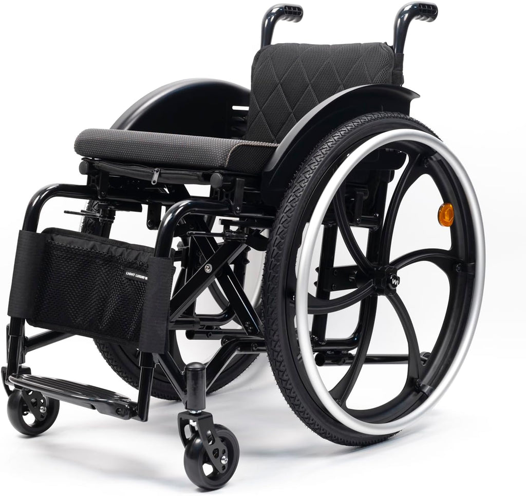 Sports Leisure Wheelchair, Folding, Lightweight, Self Propelled, All Terrain, Black, Aluminum Frame, Handbrakes, Quick Release Wheels, Seat Width 38cm