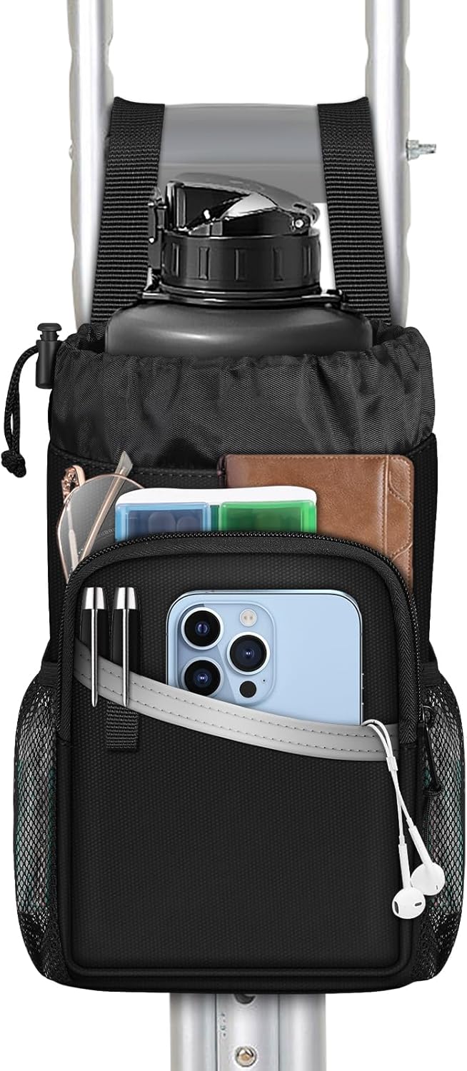 FINPAC Crutch Accessories Bag, Water-Resistant Storage Organizer Tote Bag with Drink Holder and Zipper Pouch for Crutches, Underarm Crutches Attachment, Black