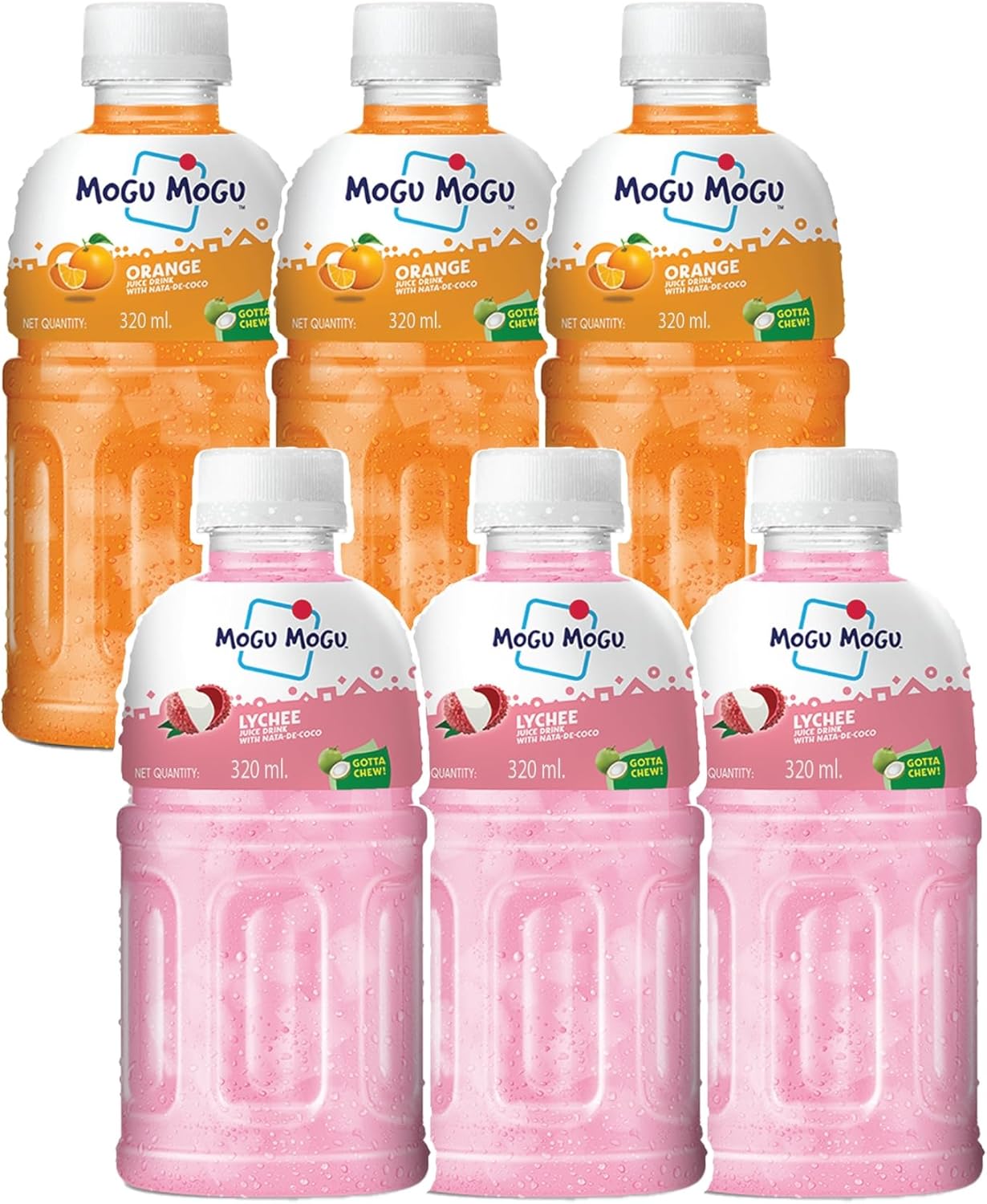 Mogu Mogu Lychee & Orange Juice Drink with Nata de Coco Jelly 320ml (Pack of 6)| Refreshing Tropical Thai-Made Sip & Chew Beverage