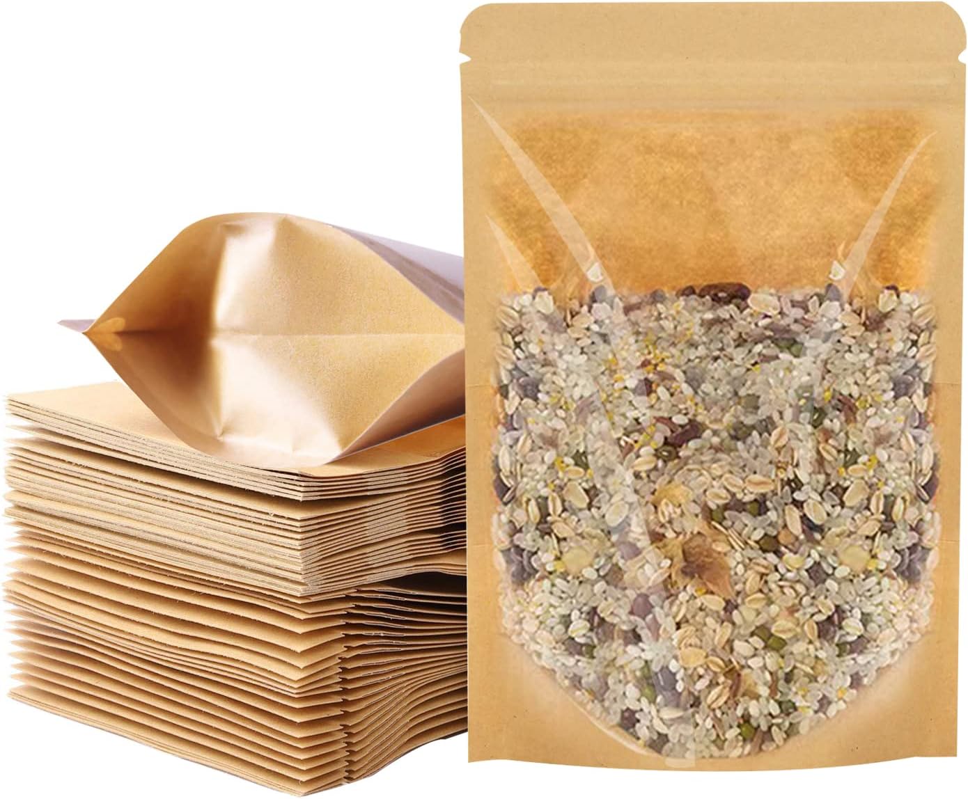 100 PCS Stand Up Pouches, 4 x 6 inch Kraft Paper Food Bags with Clear Window, Reusable Zipper Food Storage Bags Resealable Pouches for Foods, Coffee Beans, Snacks