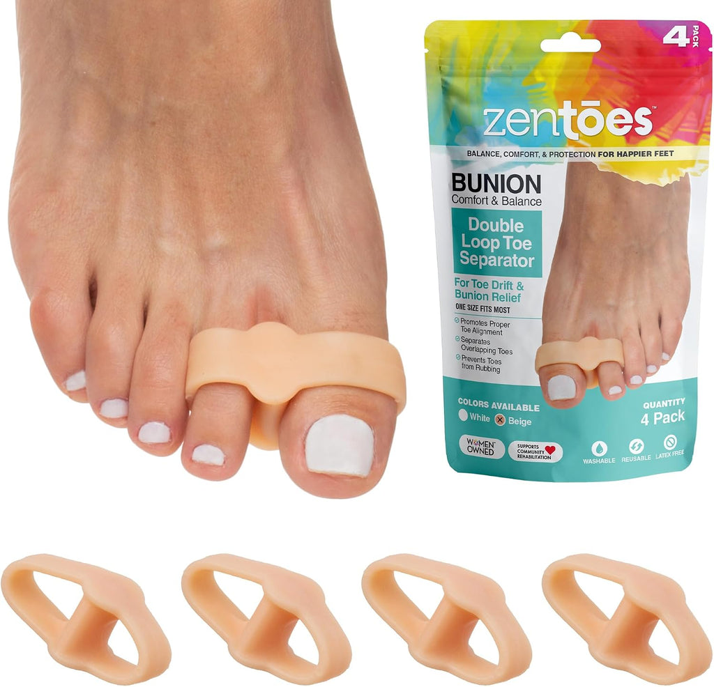 ZenToes Toe Spacers Bunion Corrector for Women and Men, Big Toe Straightener, Double Loop Gel Splint Separator for Correct Alignment of Overlapping Toes (Beige)