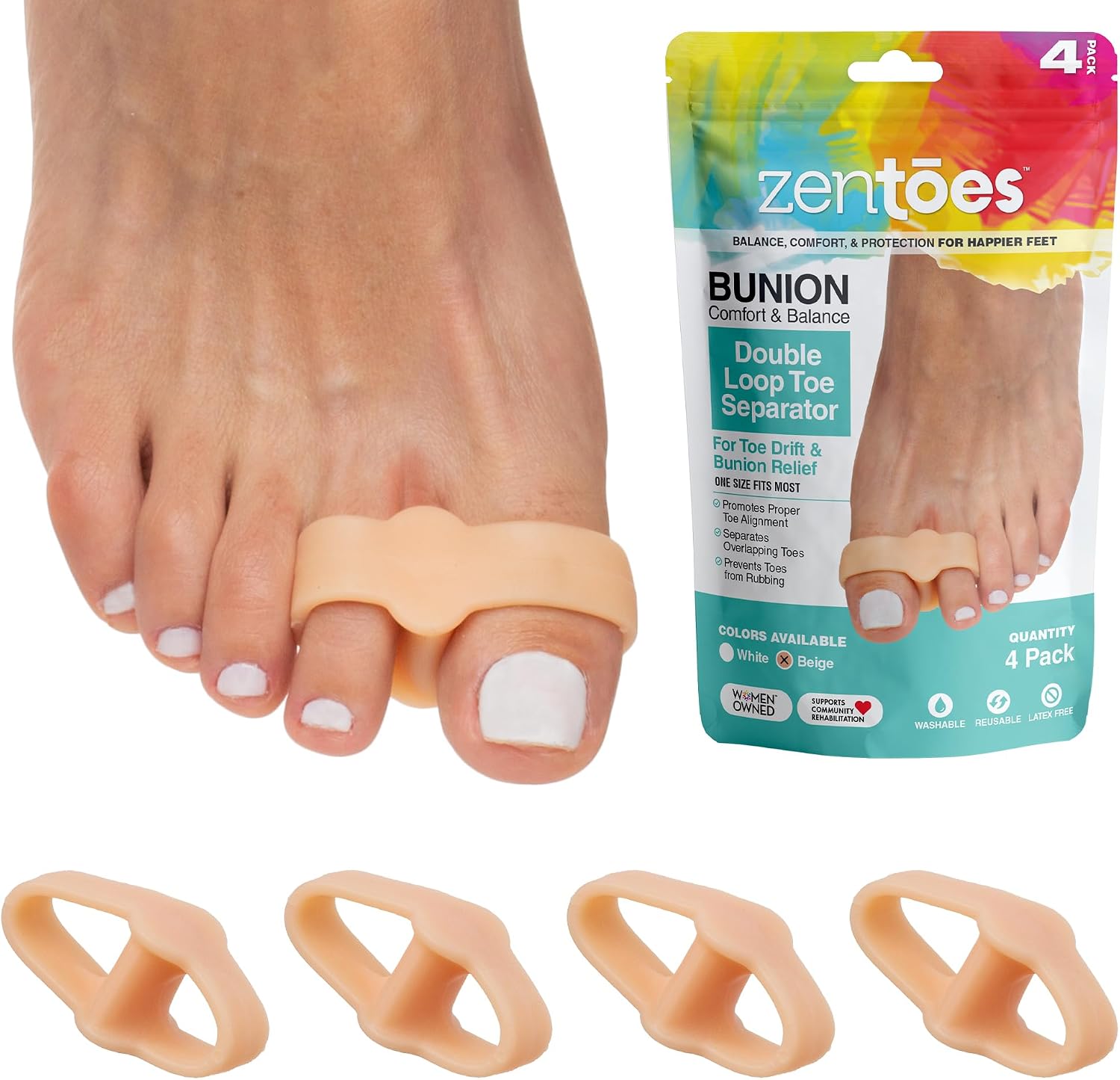 ZenToes Toe Spacers Bunion Corrector for Women and Men, Big Toe Straightener, Double Loop Gel Splint Separator for Correct Alignment of Overlapping Toes (Beige)