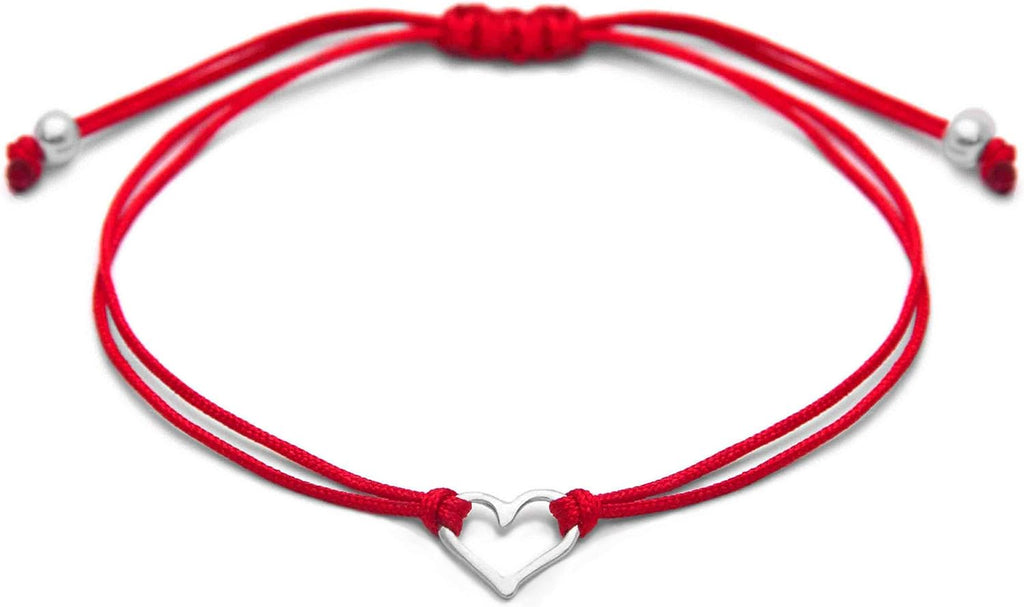 Red Thread Womens Friendship Bracelet, Small Sterling Silver 925 Open Heart Shaped Charm, Pull Adjustable Kindred Cord, Handmade. Perfect Small Gift