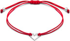Red Thread Womens Friendship Bracelet, Small Sterling Silver 925 Open Heart Shaped Charm, Pull Adjustable Kindred Cord, Handmade. Perfect Small Gift