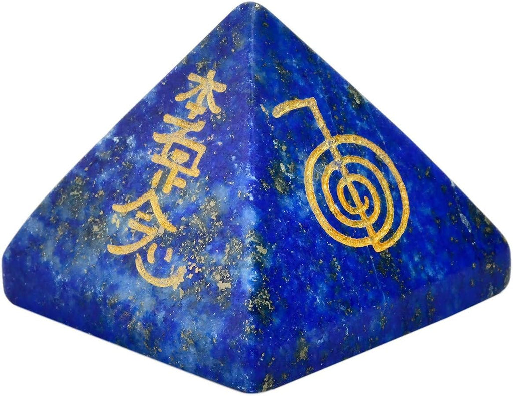 mookaitedecor Lapis Lazuli Crystal Pyramid Stone with Engraved Chakra Symbol, Healing Crystals Energy Generator for Reiki Meditation Divination Decoration