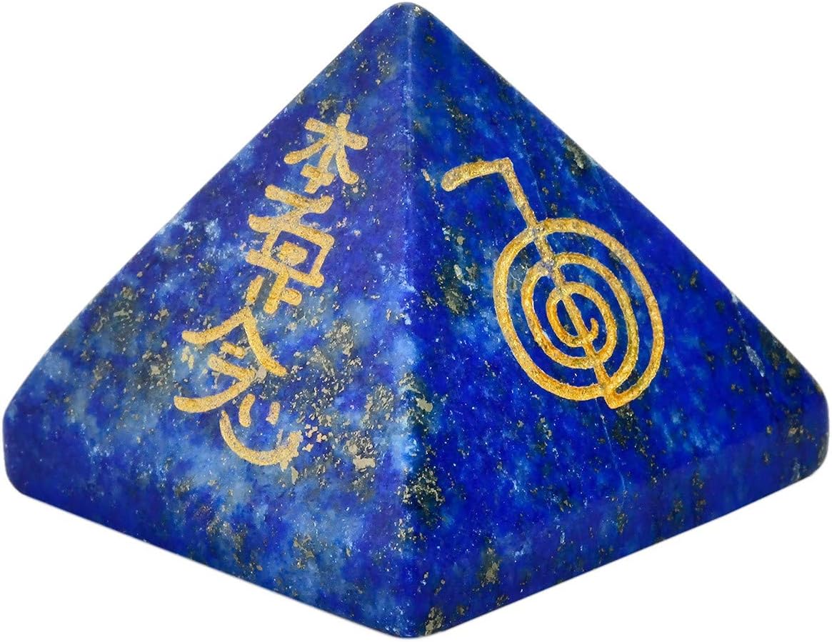mookaitedecor Lapis Lazuli Crystal Pyramid Stone with Engraved Chakra Symbol, Healing Crystals Energy Generator for Reiki Meditation Divination Decoration