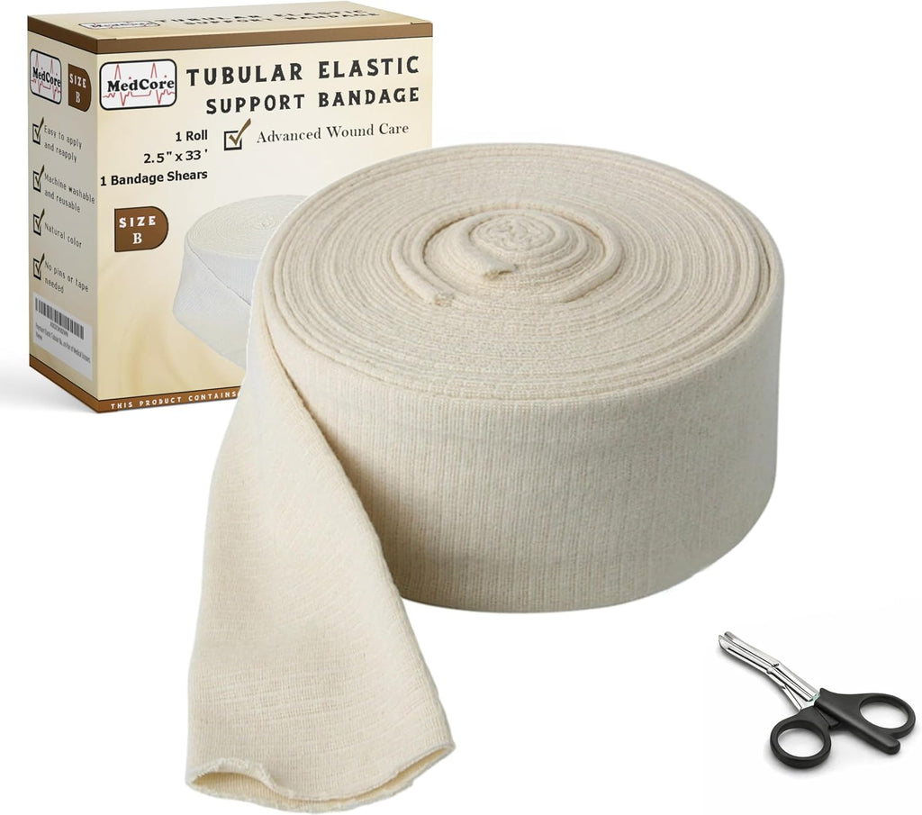 Tubular Compression Bandage Size B (2.5” x 33 ft) – Elastic Stockinette Support Sleeve for Small Knee, Elbow, Forearm, Calves, Full Arm – Cut-to-Fit, Washable Reusable, No Tape – Plus Medical Scissors