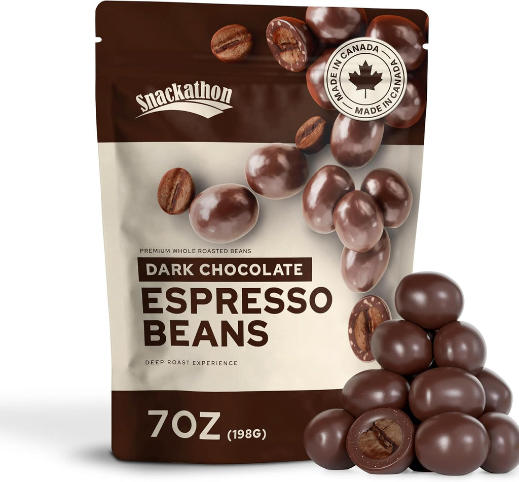 Snackathon Dark Chocolate Covered Espresso Beans, 7 OZ Resealable Bag, Rich & Bold Gourmet Candy Snack for Coffee Lovers