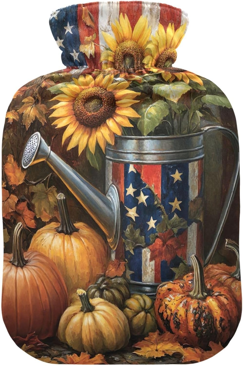 Sunflowers with Flag Hot Water Bottle with Soft Cover Feet and Bed Warmer Hot Water Bag for Hot and Cold Compress, 2 Liters