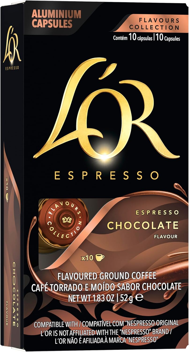 L'OR Espresso Capsules, 10 Count Chocolate, Single-Serve Aluminum Coffee Capsules Compatible with the L'OR BARISTA System & *Nespresso Original Machines, 10 Count (Pack of 10)