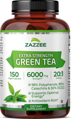 Zazzee Extra Strength Green Tea 20:1 Extract, 50% EGCG, 98% Polyphenols, 80% Catechins, 150 Vegan Capsules, 5 Month Supply, Certified Kosher, Antioxidant & Metabolism Support, Non-GMO, Made in the USA