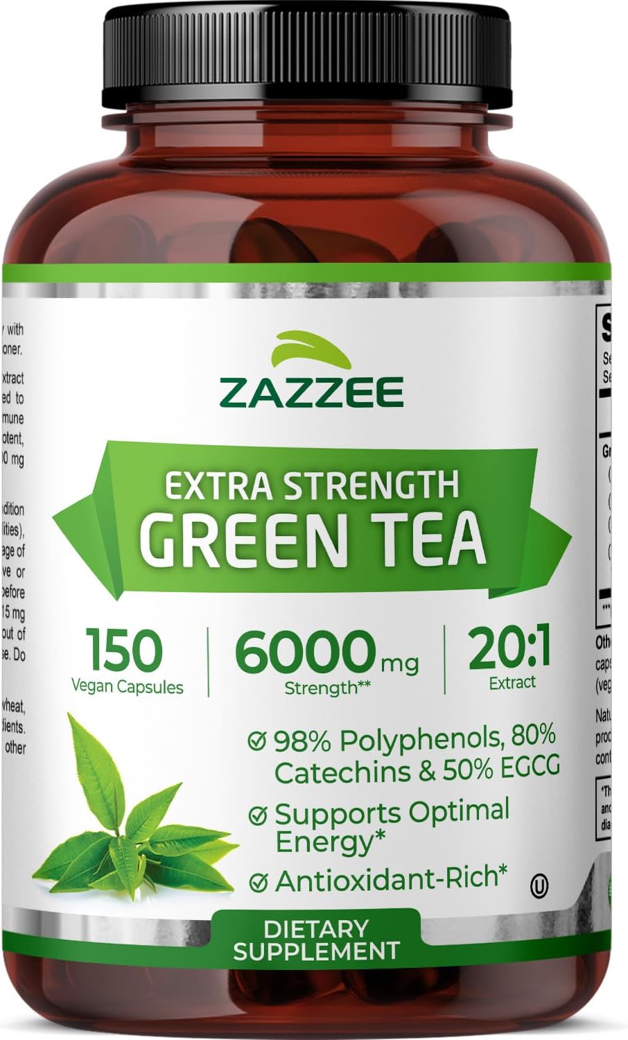 Zazzee Extra Strength Green Tea 20:1 Extract, 50% EGCG, 98% Polyphenols, 80% Catechins, 150 Vegan Capsules, 5 Month Supply, Certified Kosher, Antioxidant & Metabolism Support, Non-GMO, Made in the USA