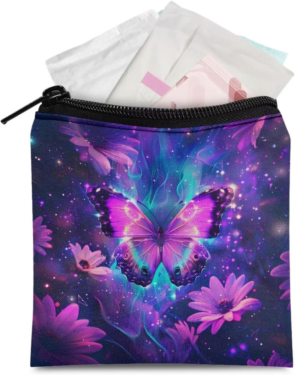 Purple Flower Butterfly Sanitary Napkin Storage Bag for Travel Zipper Period Holder Bag Portable Holder Pad for Women Teen Girls