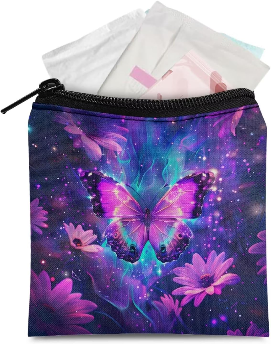 Purple Flower Butterfly Sanitary Napkin Storage Bag for Travel Zipper Period Holder Bag Portable Holder Pad for Women Teen Girls