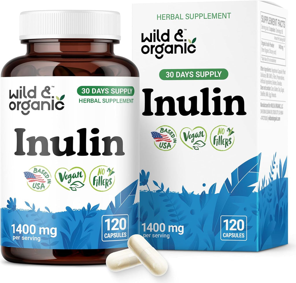 Wild & Organic Inulin Capsules 1400 mg - Digestive & Gut Support - Inulin Prebiotic Fiber Powder Supplement - Chicory Root Derived - Vegan, No Fillers, Non-GMO - 120 Count