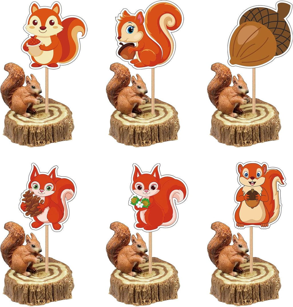 24Pcs Baby Shower Forest Animal Party Supplies Squirrel Theme Cupcake Toppers Woodland Animal Birthday Party Decorations Cartoon Squirrel Cake Topper Decorations for Woodland Theme