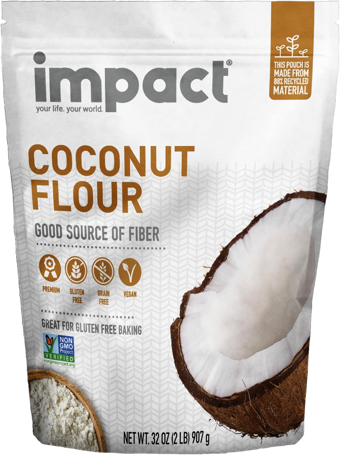 Impact - Conventional Coconut Flour, Gluten, Grain, Dairy & Soy Free, Vegan, Non-GMO, High Fiber, Low Carb, Fine Texture, 2lb Resealable Bag