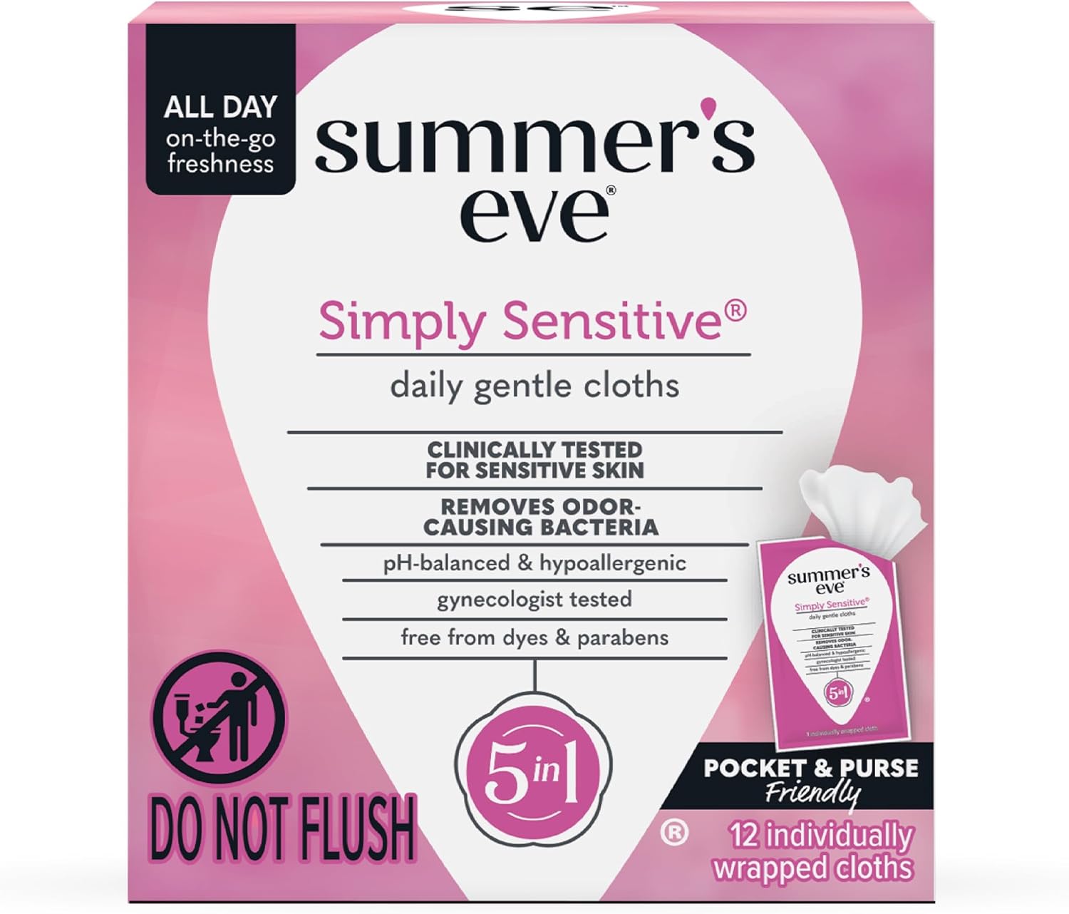 Summer's Eve Simply Sensitive Feminine Wipes, Gentle pH-Balanced Micellar Water Based Formula Helps Control Vaginal Odor, Individually Wrapped Wipes, 12 Count