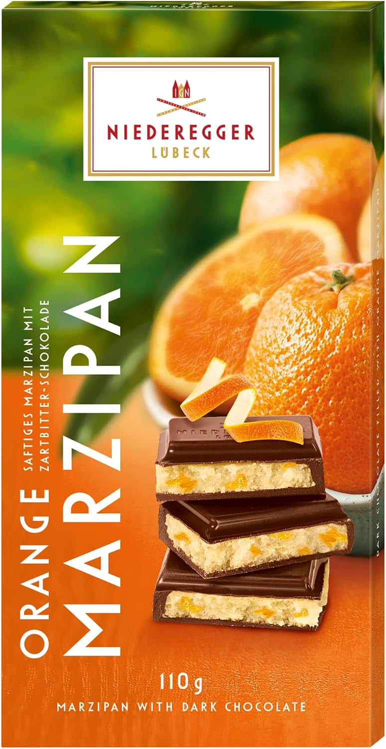 Niederegger Dark Chocolate Orange Marzipan Bar 110g/3.8 oz | Covered with crisp dark chocolate. | Authentic. Premium | Handcrafted in Germany since 1806.