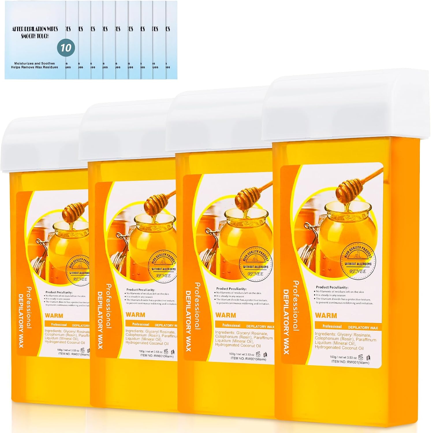 Roll on Wax Refill Kit: 4 Honey Wax Roller Refill & 10 Cleaning Wipes - Hair Removal Cartridge for Body Leg Arm (100g/3.53oz, 4 Pack)