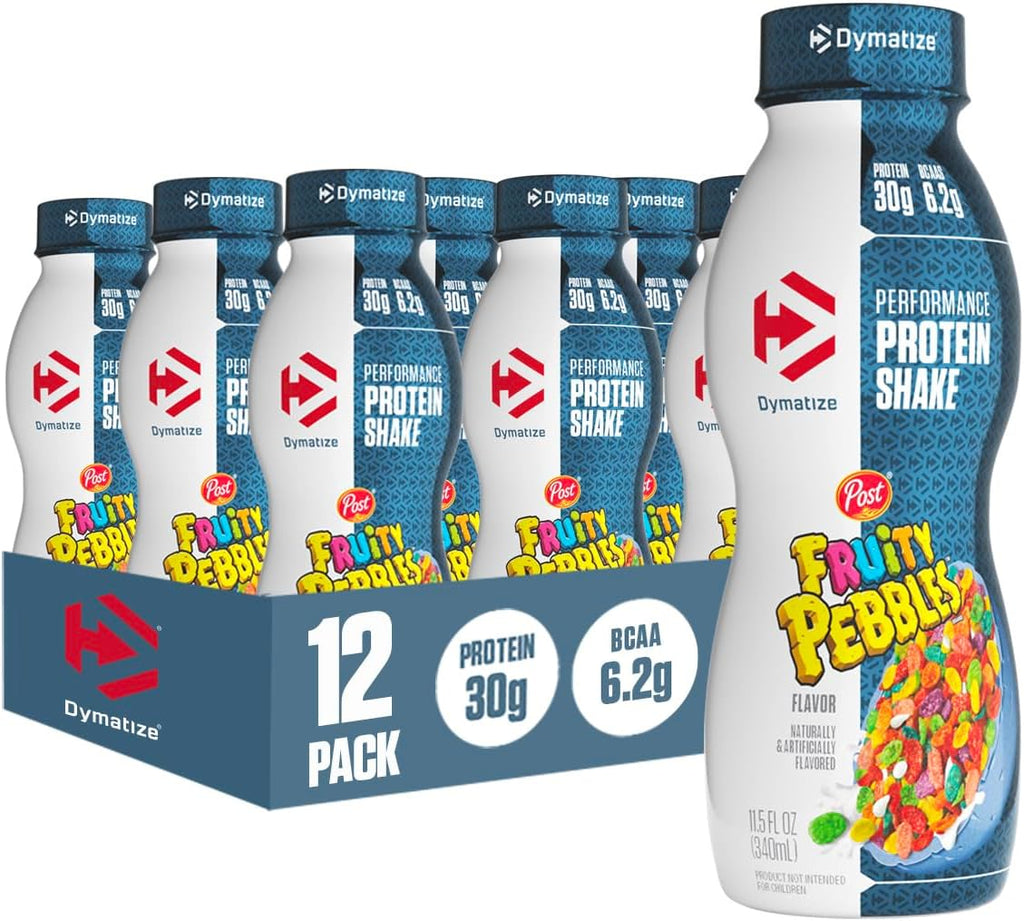 Dymatize Performance Protein Shake, Fruity Pebbles, 30g Protein, 6.2g BCAA for Muscle Recovery, No Added Sugar, Low Fat, 24 Vitamins and Minerals, Gluten-Free, Ready to Drink, On-the-Go Snack, 11.5fl oz, 12 pack
