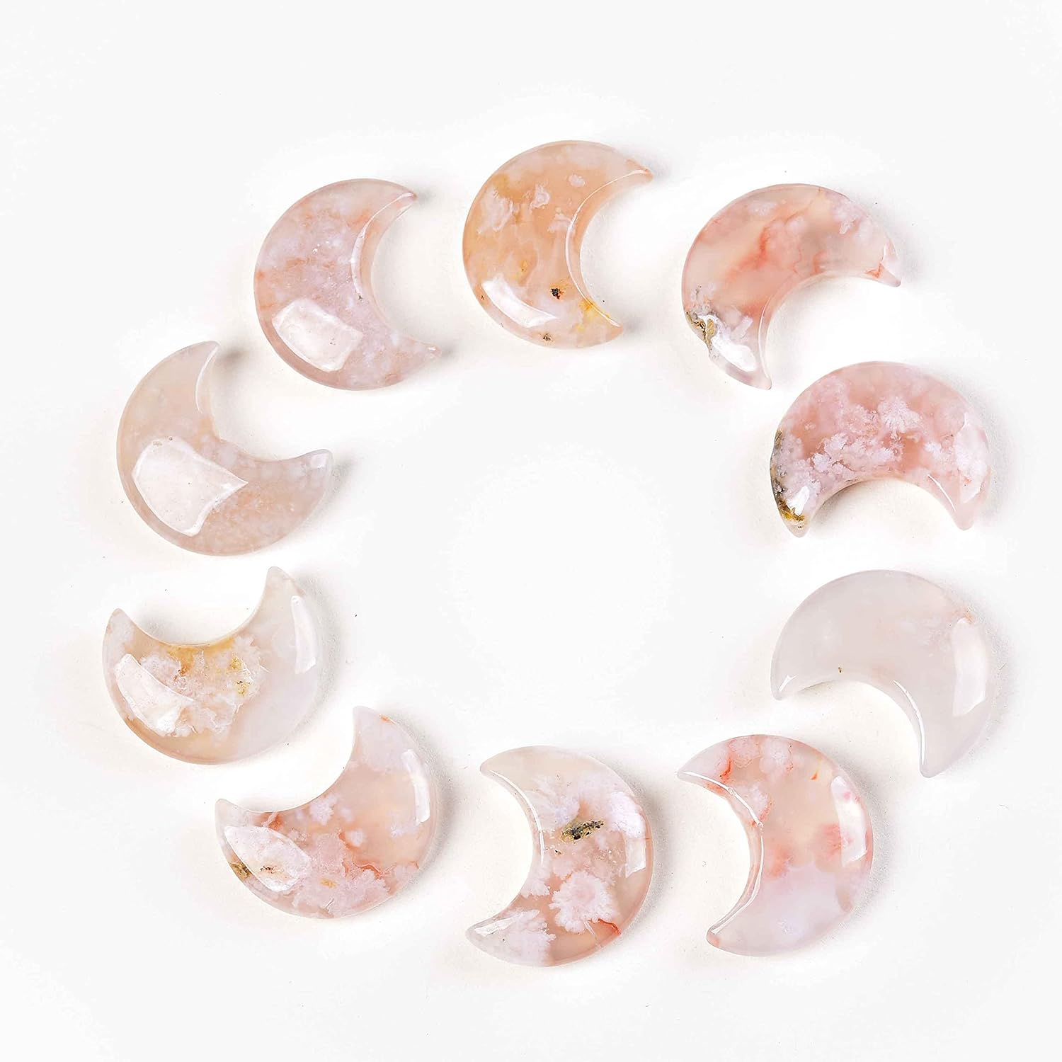 JIC Gem 10PC Crescent Moon Shaped Sakura Agate Quartz Crystal Set Flower Agate Pocket Stone,Bulk Carved Crystals Set Jewelry Making Home Decor Gifts