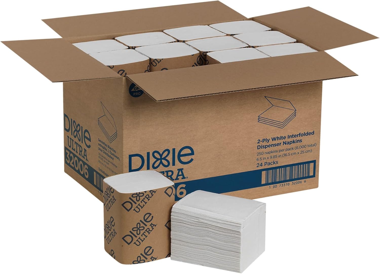 Georgia-Pacific Dixie Ultra Interfold 2-Ply Napkin Dispenser Refill, White, 32006, 250 Napkins Per Pack, 24 Packs Per Case