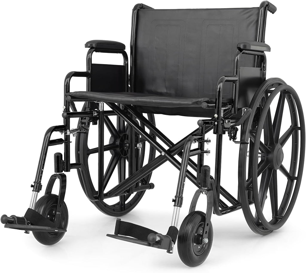 Magshion Extra-Wide Bariatric Wheelchair for Adults – 500 lb Capacity, 24” Seat, Foldable Heavy-Duty All-Terrain, Adjustable Footrests – Black Frame