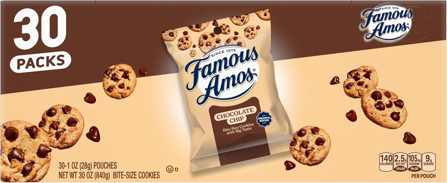 Famous Amos Original Recipe Chocolate Chip Bite-Size Cookies, 30 Pack Box, 30 oz