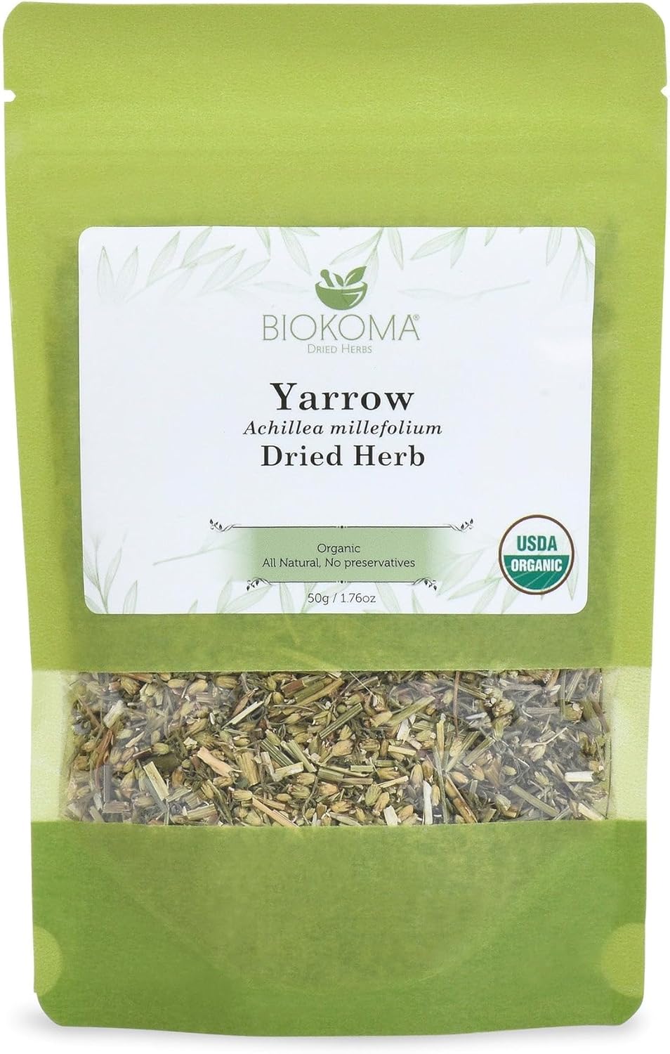 Biokoma Organic Yarrow Dried Herb 50g 1.76oz Dried Loose Achillea Millefolium Digestion Skin Health Support USDA Organic Caffeine Free Herbal Tea Resealable Pouch Pure No Preservatives No GMO Kosher