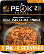 Peak Refuel Beef Pasta Marinara | 49g Protein | 1040 Calories | 100% Real Meat | Premium Freeze Dried Backpacking & Camping Food | 2 Servings | Ideal MRE Survival Meal (2 Serving Pouch)