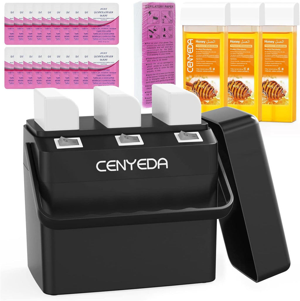 3 IN 1 Roll On Wax Kit, Waxing Kit for Hair Removal, Triple Roll-On Wax Warmer with 3 Honey Wax Cartridge Wax Roller Refill for Legs Arms and Underarm, Upgrade Heating System-Just 13 Mins Fast