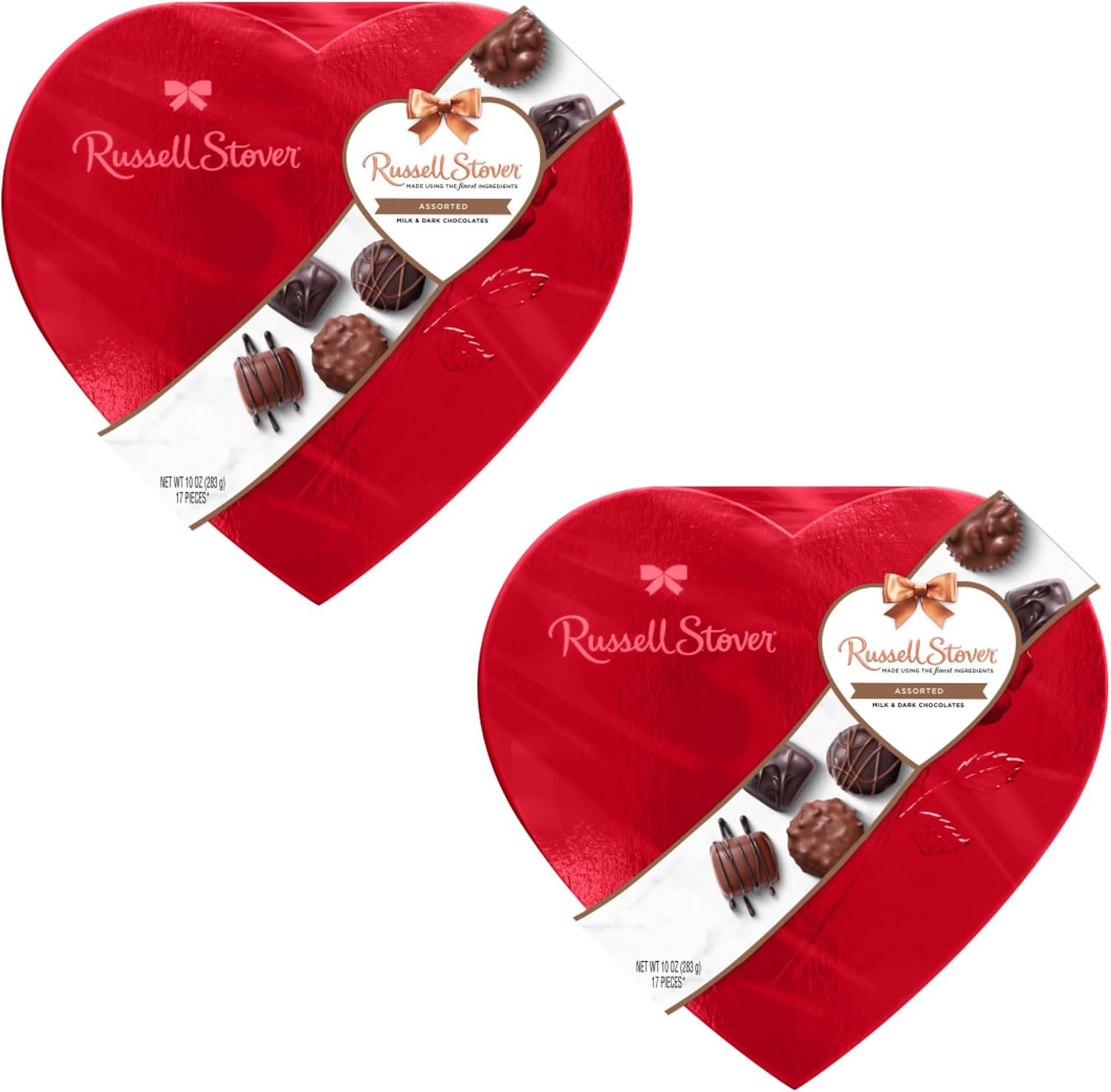 Russell Stover Valentine's Day Red Foil Heart - Pack of 2 - Assorted Milk and Dark Chocolate - 17 Pieces Per Box - Great For Sharing with Friends and Family