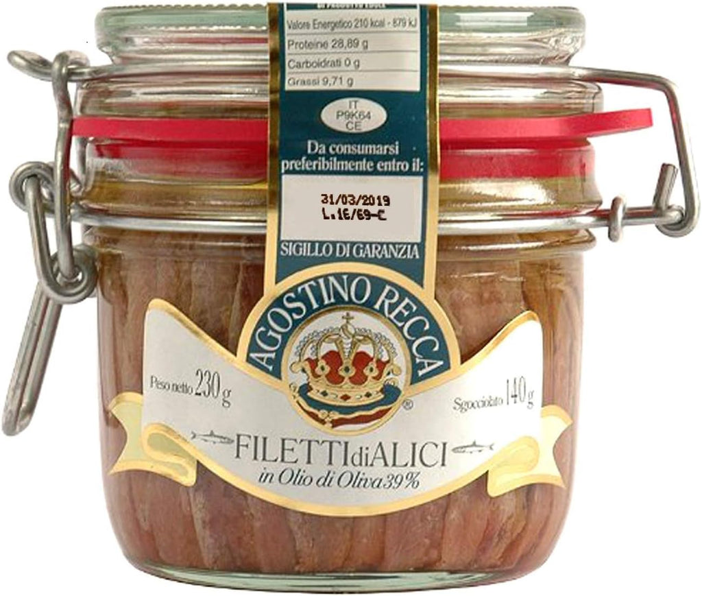 Agostino Recca Anchovies Fillets in Olive Oil - Wild Caught Fish from Italy - Anchovy Fillets for Pizza, Pasta, Salads (8.1 oz)