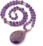 Jovivi Natural Amethyst Quartz Healing Crystals Necklace Wire Wrapped Teardrop Life Tree Chakra Gemstone Pendant 28" Mala Beads Chain