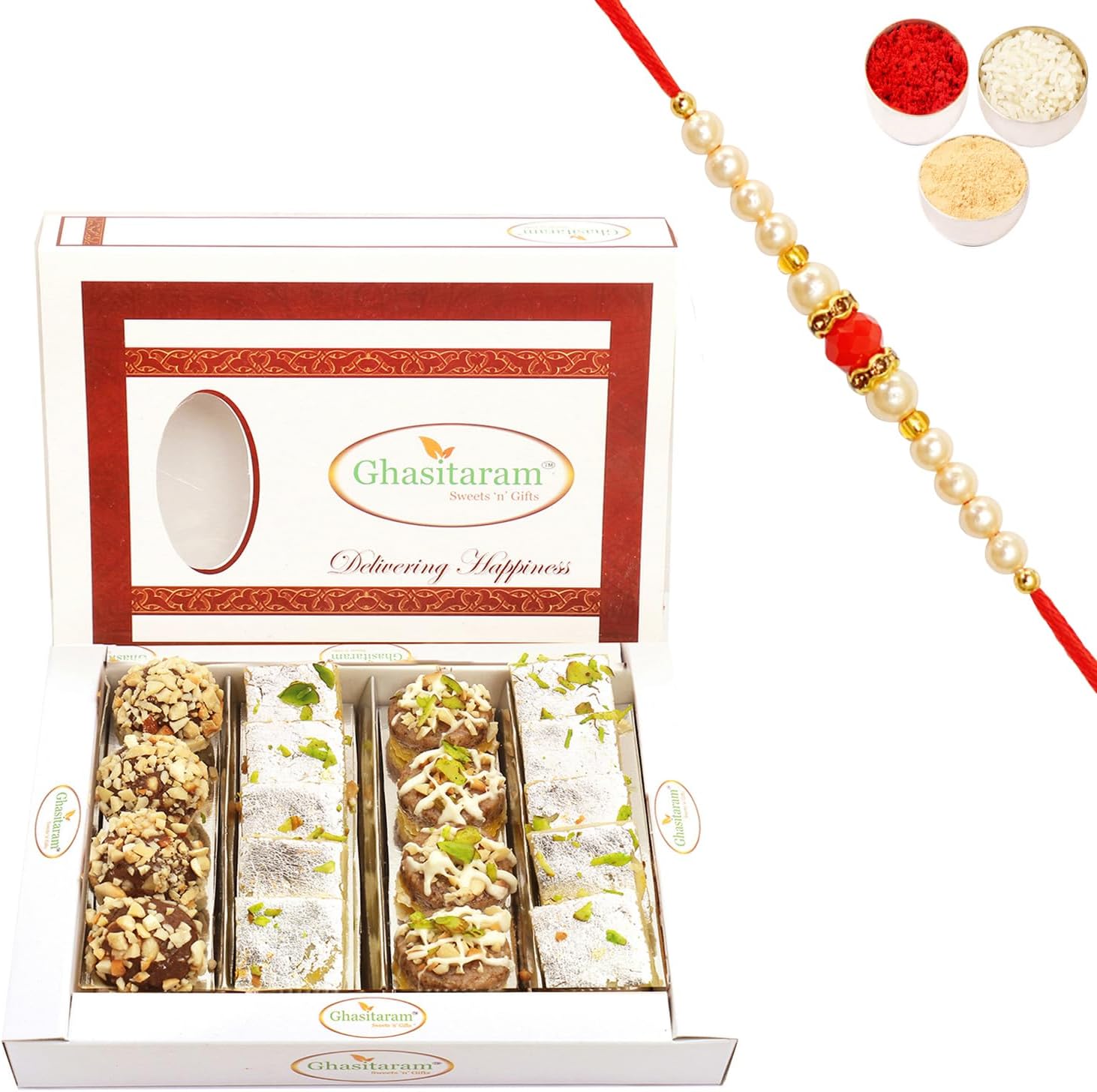Ghasitaram Gifts Rakhi Gifts for Brothers Rakhi Sweets - Assorted Box of Barfis, Dryfruit Sweets 400 GMS with Beads Rakhi