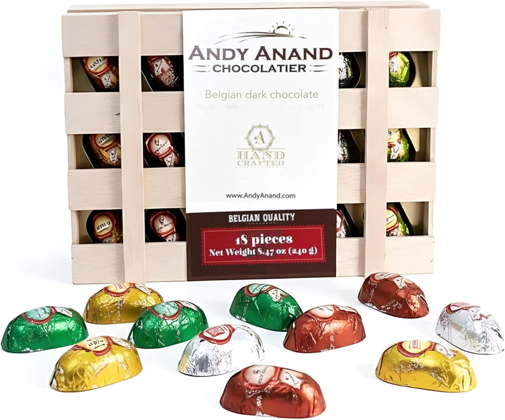 ANDY ANAND CHOCOLATIER European Flavored Dark Chocolate Bottles – 18 Pcs, 240g Non-Alcoholic 60% Bittersweet Cocoa, Gourmet Bottle-Shaped Chocolates in Wooden Gift Box
