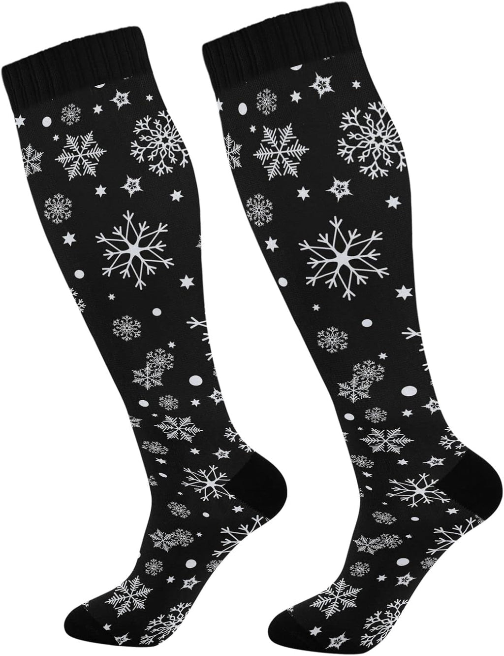 Kigai Knee High Socks Christmas Black Snowflake Compression Sock 1 Pair Casual Athletic Tube Socks for Soccer Women Men Medical Nurse Warm Stockings, 20-30mmHg