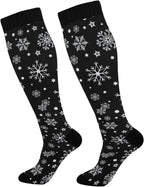 Kigai Knee High Socks Christmas Black Snowflake Compression Sock 1 Pair Casual Athletic Tube Socks for Soccer Women Men Medical Nurse Warm Stockings, 20-30mmHg